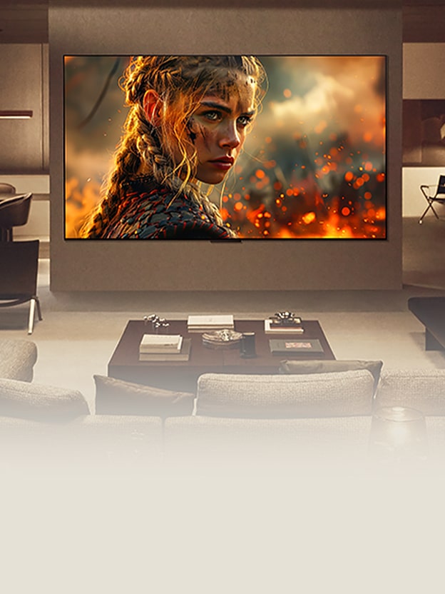 Wohnzimmer mit einem an der Wand befestigten LG TV. Auf dem Fernseher läuft ein Film mit unglaublicher Realisierung von Farben, Klarheit und Kontrast. Ebenfalls gezeigt wird das Dolby Vision-Logo.