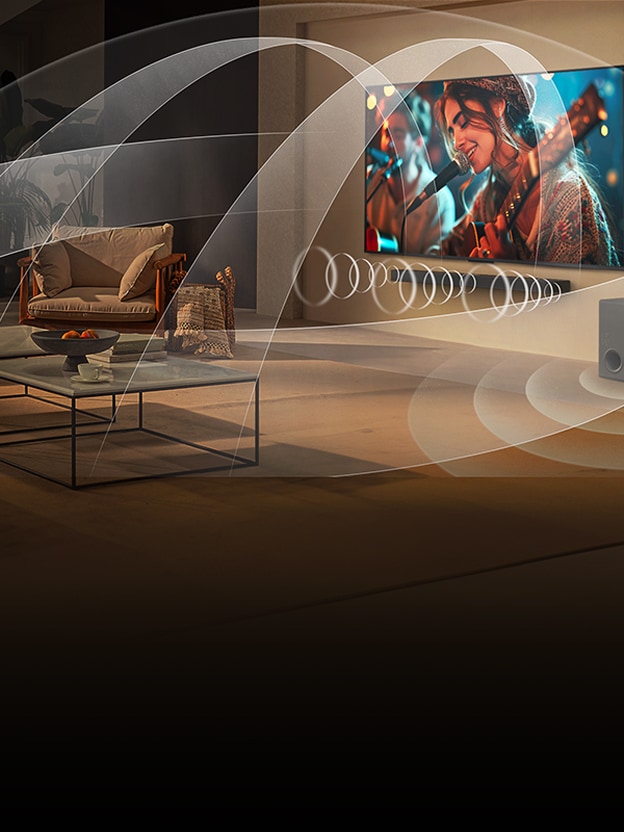 Wohnzimmer mit einem LG OLED-Fernseher und einer LG Soundbar mit Grafiken, die zeigen, wie beide Geräte den Raum mit Multi-Surround-Sound füllen.