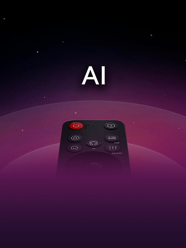 Die LG AI Magic Remote vor einem abstrakten Hintergrund. Der AI Button ist hervorgehoben. Es gibt eine grafische UI-Darstellung mit Symbolen, die zeigt, wie der AI Button den Zugang zu verschiedenen AI-Funktionen ermöglicht. Zu den Services gehören AI Voice ID, AI Search, AI Chatbot, AI Concierge, AI Picture Wizard und AI Sound Wizard. Der Mauszeiger wird präsentiert, indem der Cursor über einer Schnittstelle angezeigt wird und verdeutlicht, wie die Fernbedienung die Steuerung vereinfacht.