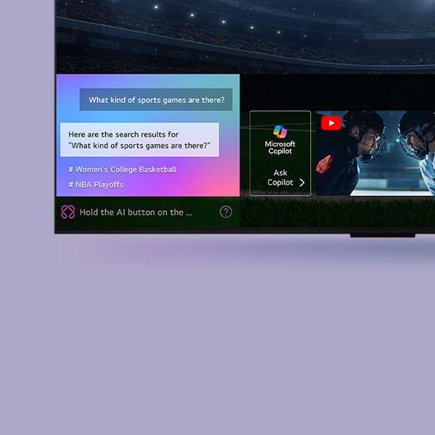 Ein LG OLED TV-Bildschirm, der zeigt, wie die AI-Suche funktioniert. Ein kleines Chat-Fenster ist geöffnet und zeigt, wie der Nutzer nach verfügbaren Sportspielen fragt. Die AI-Suche antwortet per Chat und zeigt Miniaturansichten verschiedener verfügbarer Inhalte an. Es gibt auch eine Aufforderung, Microsoft Copilot zu fragen.
