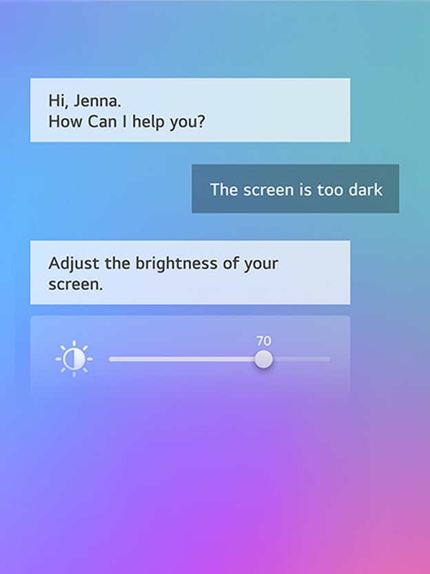 Sci-Fi-Inhalte werden auf einem LG OLED-Fernseher abgespielt. Auf der linken Seite des Bildschirms befindet sich die AI Chatbot-Schnittstelle. Der Nutzer teilt dem Chatbot mit, dass der Bildschirm zu dunkel ist, und der Chatbot bietet Lösungen für die Anfrage an.