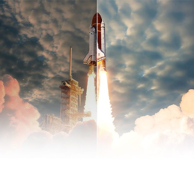 In zwei Hälften unterteilte Szene eines Spaceshuttle-Starts. Die eine Hälfte der Szene ist dank der LG-Algorithmen zur Verstärkung der Helligkeit hell und lebendig. Die andere Hälfte ist dunkel, verblasst und grau.