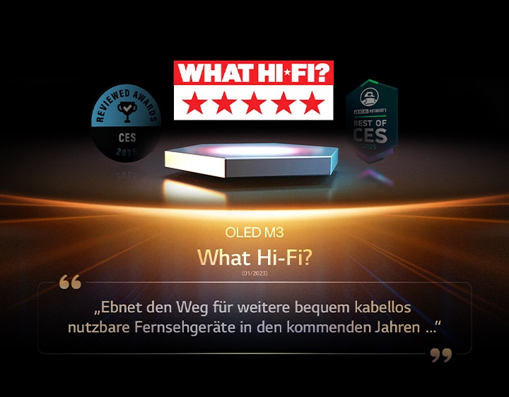 Auszeichnung für den OLED M3 von What Hi-Fi. Ein Auszug aus der Bewertung lautet: „ebnet den Weg für weitere bequem kabellos nutzbare Fernsehgeräte in den kommenden Jahren …“