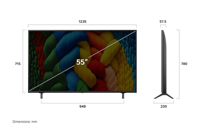 Frontansicht und Seitenansicht des LG NanoCell NANO80 AI 4K Smart TV mit den Abmessungen Länge, Breite, Höhe und Tiefe.