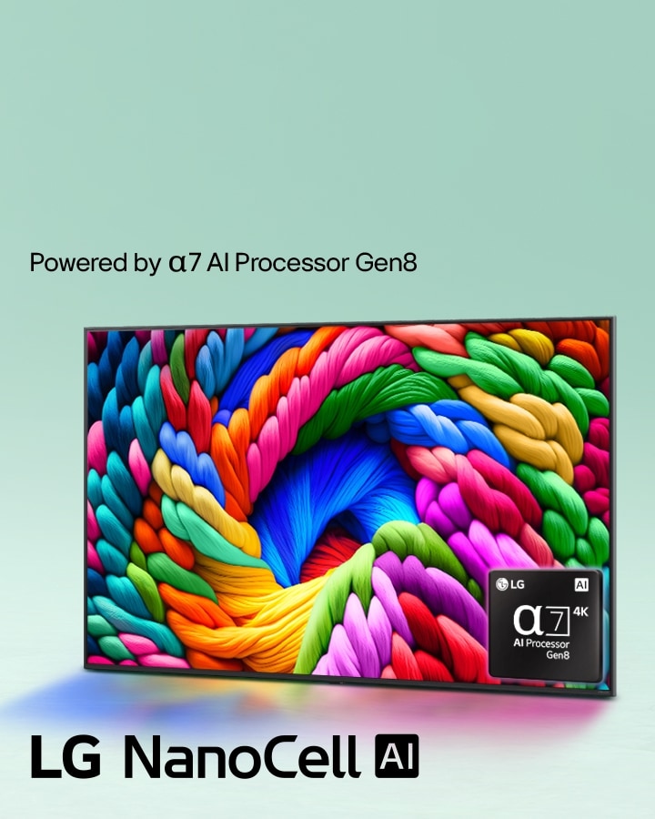 Der LG NanoCell TV ist leicht nach links geneigt und zeigt bunte Fäden. Das Logo des alpha 7 4K KI-Prozessors ist in der unteren rechten Ecke des Fernsehers eingebettet. Der Hintergrund ist ein heller Farbverlauf in Blaugrün. 