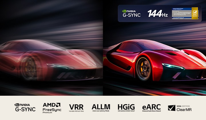 Zwei Bilder eines Autos in einem Videospiel nebeneinander. Auf einem ist viel Bewegungsunschärfe zu sehen. Das andere ist scharf und fokussiert und zeigt die hohe Bildrate des LG OLED TVs. Das Nvidia G-Sync-Logo, 144Hz-Logo, das 0,1-ms-Reaktionszeit-Abzeichen von Intertek und andere relevante Zertifizierungen sind sichtbar.