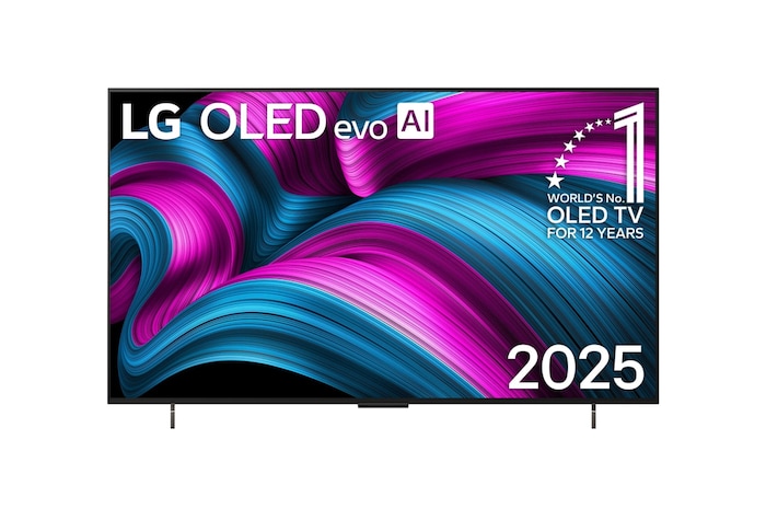 Frontansicht des LG OLED evo AI C5 4K Smart TV. Ein "12 Years of world number 1 OLED"-Emblem und das "LG OLED AI 2025"-Logo sind auf dem Bildschirm zu sehen.