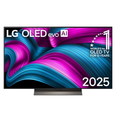 Frontansicht des LG OLED evo AI C5 4K Smart TV. Ein "12 Years of world number 1 OLED"-Emblem und das "LG OLED AI 2025"-Logo sind auf dem Bildschirm zu sehen.