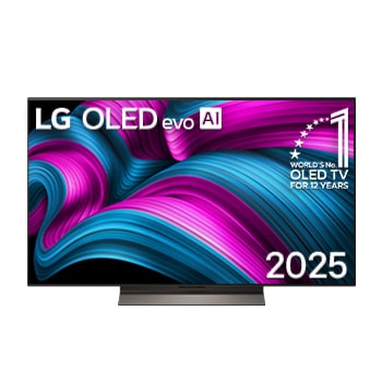 Frontansicht des LG OLED evo AI C5 4K Smart TV. Ein "12 Years of world number 1 OLED"-Emblem und das "LG OLED AI 2025"-Logo sind auf dem Bildschirm zu sehen.