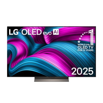 Frontansicht des LG OLED evo AI C5 4K Smart TV. Ein "12 Years of world number 1 OLED"-Emblem und das "LG OLED AI 2025"-Logo sind auf dem Bildschirm zu sehen.