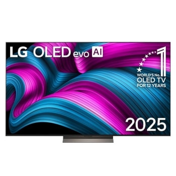 Frontansicht des LG OLED evo AI C5 4K Smart TV. Ein "12 Years of world number 1 OLED"-Emblem und das "LG OLED AI 2025"-Logo sind auf dem Bildschirm zu sehen.