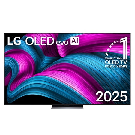 Frontansicht des LG OLED evo AI C5 4K Smart TV. Ein "12 Years of world number 1 OLED"-Emblem und das "LG OLED AI 2025"-Logo sind auf dem Bildschirm zu sehen.