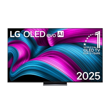 Frontansicht des LG OLED evo AI C5 4K Smart TV. Ein "12 Years of world number 1 OLED"-Emblem und das "LG OLED AI 2025"-Logo sind auf dem Bildschirm zu sehen.