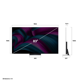 Frontansicht und Seitenansicht des LG OLED evo AI C5 4K Smart TV mit den Abmessungen der Länge, Breite, Höhe und Tiefe.