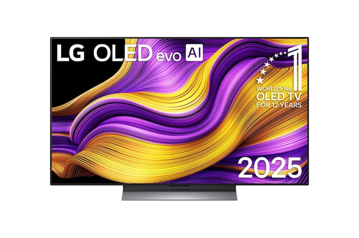 Vista frontal da Smart TV LG OLED evo AI G5 4K. O emblema “OLED número 1 do mundo há 12 anos” e o logótipo LG OLED evo AI 2025 estão no ecrã.