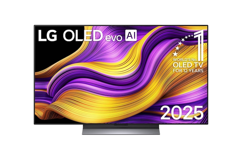 Frontansicht des LG OLED evo AI G5 4K Smart TV. Ein "12 Years of world number 1 OLED"-Emblem und das "LG OLED AI 2025"-Logo sind auf dem Bildschirm zu sehen.