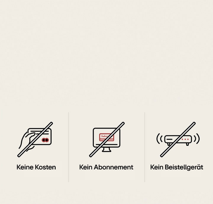 Drei verschiedene Symbole, die die einfache Nutzung von LG Channels ohne Abonnement, Gebühren oder die Einrichtung einer externen Set-Top-Box zeigen. 