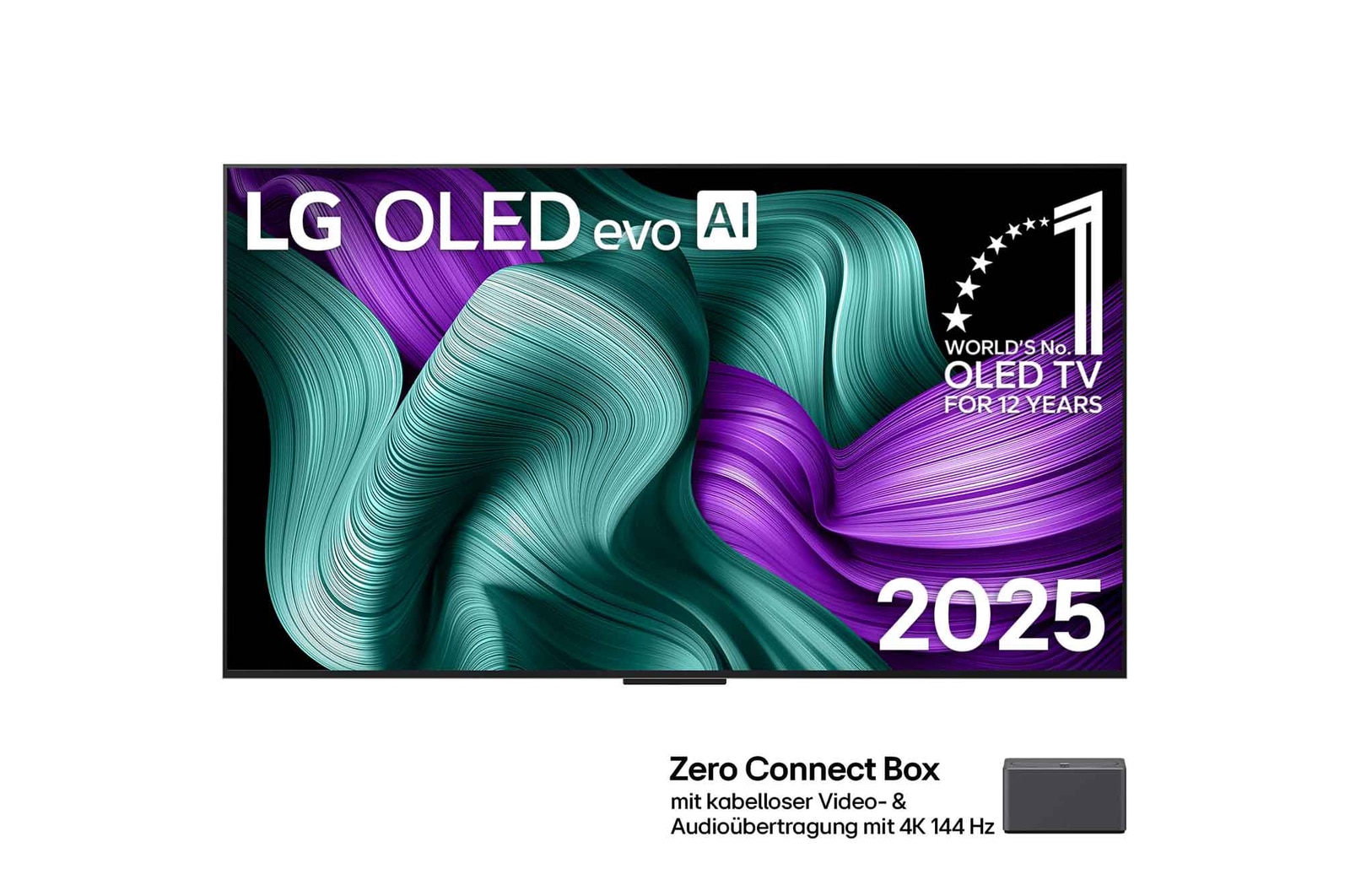 Vorderansicht des LG OLED M5 TVs. OLED-Emblem „12 Years of world number 1“ und LG OLED evo AI 2025-Logo sind auf dem Bildschirm zu sehen. Zero Connect Box in der Ecke mit dem Titel „Zero Connect Box mit drahtloser Video- und Audioübertragung in 4K mit 144Hz“