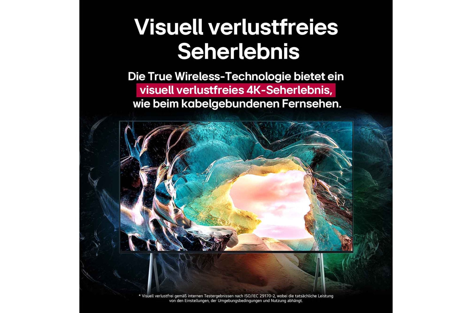 Der Bildschirm des LG OLED M5 TV zeigt eine Höhle mit Blick auf den Himmel. Der Text handelt davon, wie beeindruckend Details in visuell verlustfreier 4K-Qualität sind. 