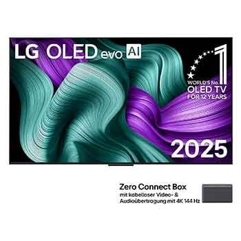 Vorderansicht des LG OLED M5 TVs. OLED-Emblem „12 Years of world number 1“ und LG OLED evo AI 2025-Logo sind auf dem Bildschirm zu sehen. Zero Connect Box in der Ecke mit dem Titel „Zero Connect Box mit drahtloser Video- und Audioübertragung in 4K mit 144Hz“