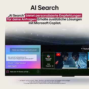 Nahaufnahme eines LG OLED TV-Bildschirms, der zeigt, wie AI Search funktioniert. Ein kleines Chat-Fenster ist geöffnet und zeigt, wie der Benutzer nachfragt, welche Sportspiele verfügbar sind. AI Search antwortete per Chat und zeigte Vorschaubilder verfügbarer Inhalte an. Es wird auch eine Aufforderung mit einer Frage an Microsoft Copilot angezeigt. 