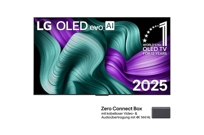 Vorderansicht des LG OLED M5 TVs. OLED-Emblem „12 Years of world number 1“ und LG OLED evo AI 2025-Logo sind auf dem Bildschirm zu sehen. Zero Connect Box in der Ecke mit dem Titel „Zero Connect Box mit drahtloser Video- und Audioübertragung in 4K mit 144Hz“