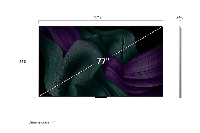 Frontansicht und Seitenansicht des LG OLED M5 TV mit den Abmessungen Länge, Breite, Höhe und Tiefe.