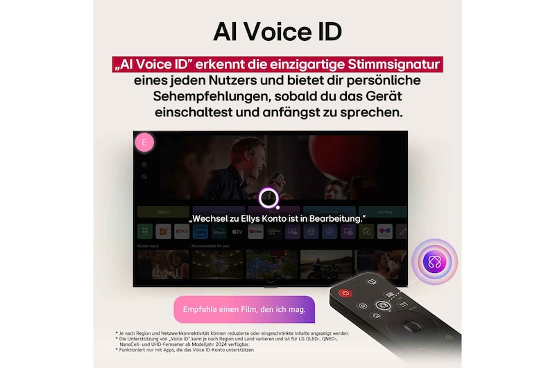 LG TV-Bildschirm mit einer AI Magic Remote im Vordergrund. Die KI-Schaltfläche ist hervorgehoben und eine Sprechblase zeigt den Text „Schlage einen Film vor, der mir gefällt“. Auf dem Bildschirm sehen wir das Benutzersymbol E, das anzeigt, dass AI Voice ID in der Lage war, den Benutzer zu identifizieren und personalisierte Empfehlungen allein auf der Grundlage seiner Stimme zu geben. 