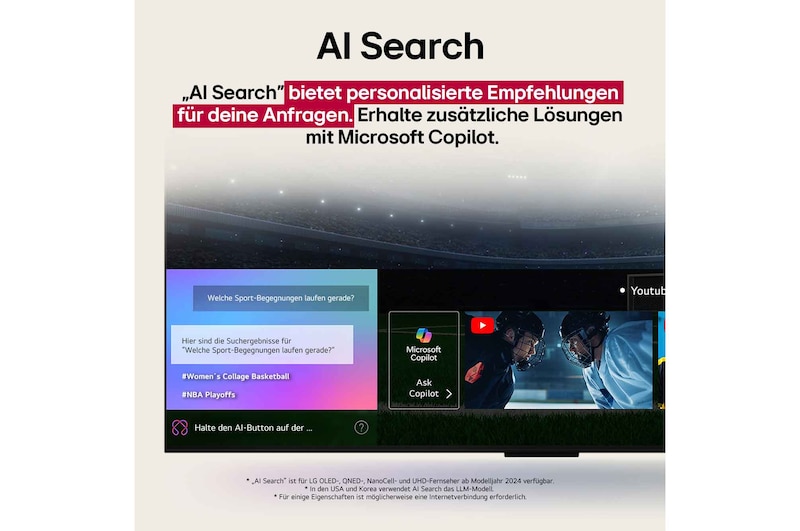 Nahaufnahme eines LG OLED TV-Bildschirms, der zeigt, wie AI Search funktioniert. Ein kleines Chat-Fenster ist geöffnet und zeigt, wie der Benutzer nachfragt, welche Sportspiele verfügbar sind. AI Search antwortete per Chat und zeigte Vorschaubilder verfügbarer Inhalte an. Es wird auch eine Aufforderung mit einer Frage an Microsoft Copilot angezeigt. 