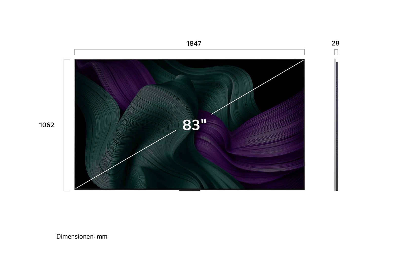 Frontansicht und Seitenansicht des LG OLED M5 TV mit den Abmessungen Länge, Breite, Höhe und Tiefe.