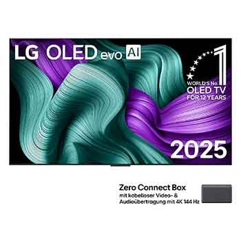Vorderansicht des LG OLED M5 TVs. OLED-Emblem „12 Years of world number 1“ und LG OLED evo AI 2025-Logo sind auf dem Bildschirm zu sehen. Zero Connect Box in der Ecke mit dem Titel „Zero Connect Box mit drahtloser Video- und Audioübertragung in 4K mit 144Hz“