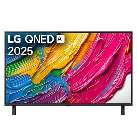 Frontansicht des LG QNED TV, LG QNED Al Logo in der oberen Ecke. LG QNED TV zeigt bunte Paintike-Texturen, die zusammenkommen.