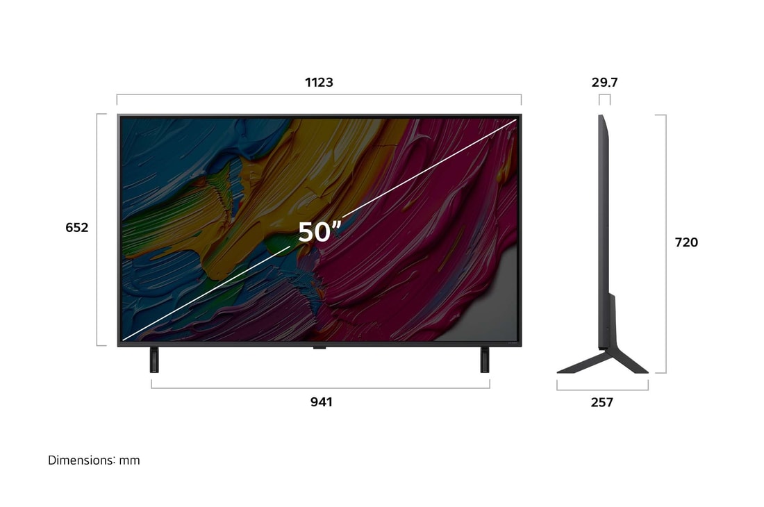 Frontansicht und Seitenansicht des LG QNED AI 4K Smart TV mit den Abmessungen Länge, Breite, Höhe und Tiefe.