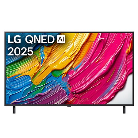 Frontansicht des LG QNED TV, LG QNED Al Logo in der oberen Ecke. LG QNED TV zeigt bunte Paintike-Texturen, die zusammenkommen.