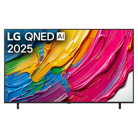 Frontansicht des LG QNED TV, LG QNED Al Logo in der oberen Ecke. LG QNED TV zeigt bunte Paintike-Texturen, die zusammenkommen.