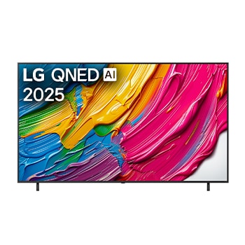 Frontansicht des LG QNED TV, LG QNED Al Logo in der oberen Ecke. LG QNED TV zeigt bunte Paintike-Texturen, die zusammenkommen.