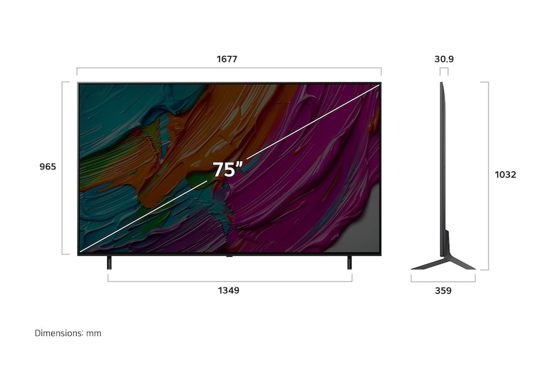 Frontansicht und Seitenansicht des LG QNED AI 4K Smart TV mit den Abmessungen Länge, Breite, Höhe und Tiefe.