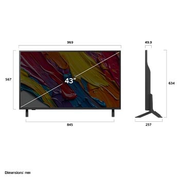 Frontansicht und Seitenansicht des LG QNED AI 4K Smart TV mit den Abmessungen Länge, Breite, Höhe und Tiefe.