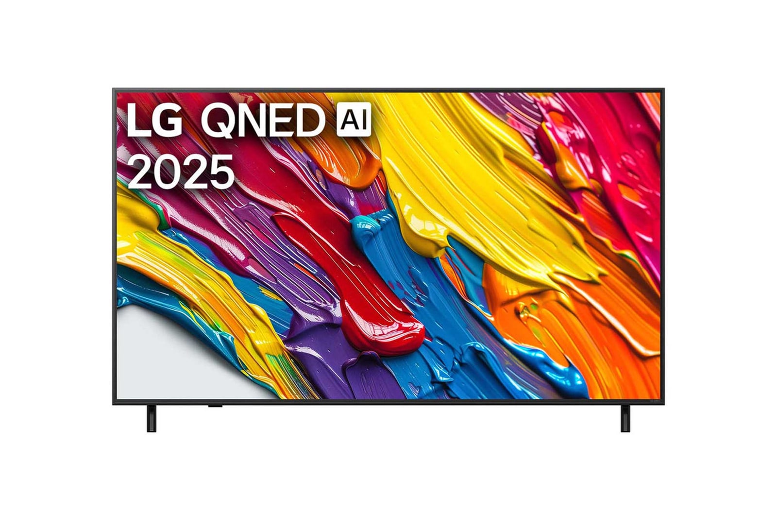 Frontansicht des LG QNED TV, LG QNED Al Logo in der oberen Ecke. LG QNED TV zeigt bunte Paintike-Texturen, die zusammenkommen.