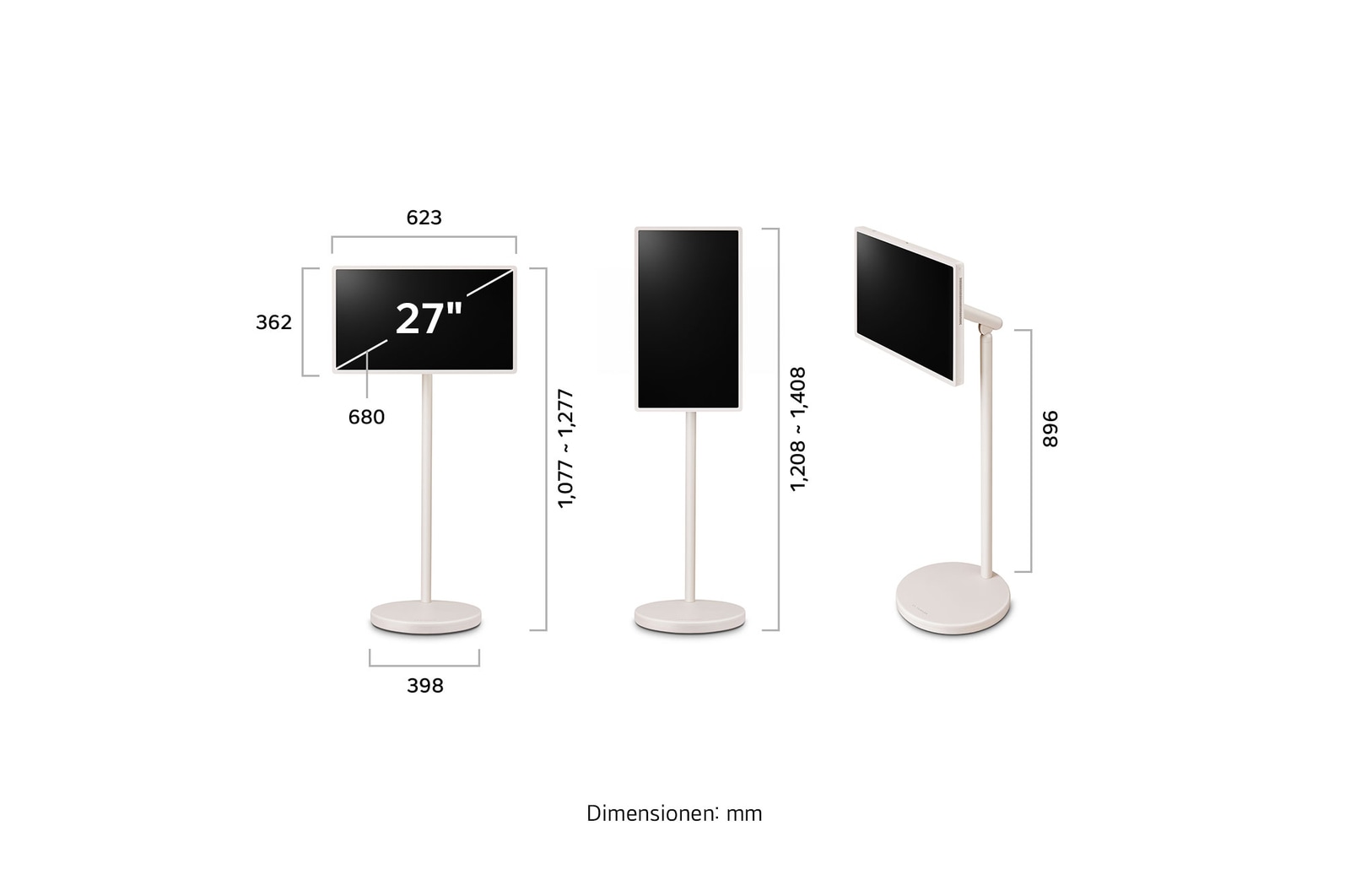 Länge, Breite, Höhe und Tiefe des LG StanbyME 2 und des Standfußes.