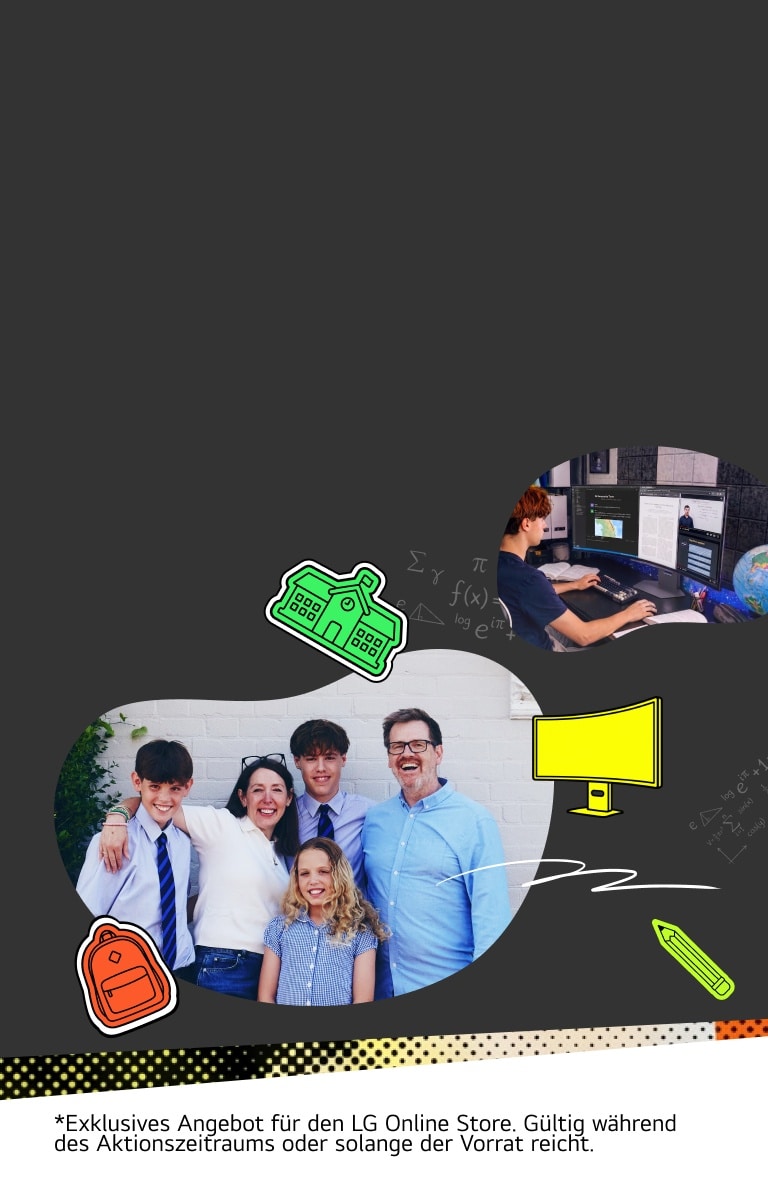Monthly LG August-Banner zur Bewerbung von LG gram AI und LG UltraGear für intelligenteres Lernen und Gaming mit der Familie Ferguson.