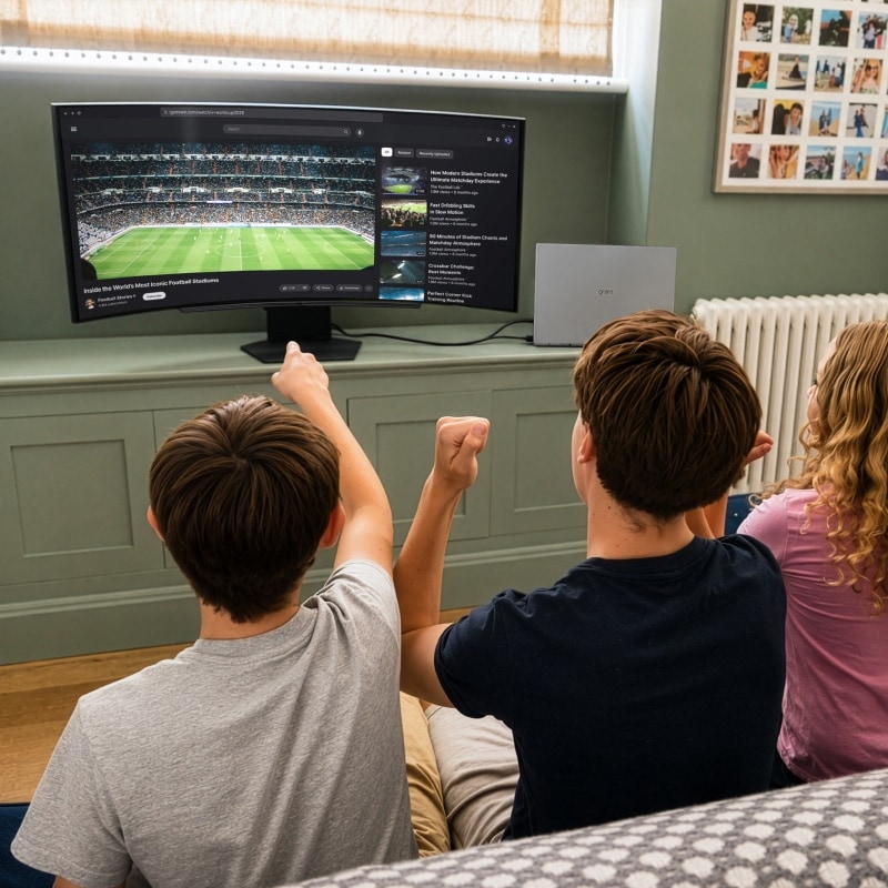 Drei Geschwister schauen gemeinsam ein Fußballspiel auf einem LG UltraGear Monitor.