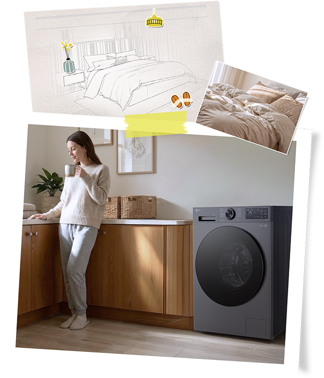 Eine Frau frischt im Rahmen einer ruhigen Wochenendroutine ihre Bettwäsche mit einer Waschmaschine auf.