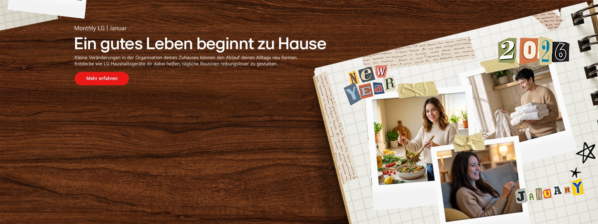 Ein Tagebuch auf einem braunen Schreibtisch, das eine Collage aus Neujahrsdekorationen und Polaroidfotos von Menschen zeigt, die LG Haushaltsgeräte genießen	
