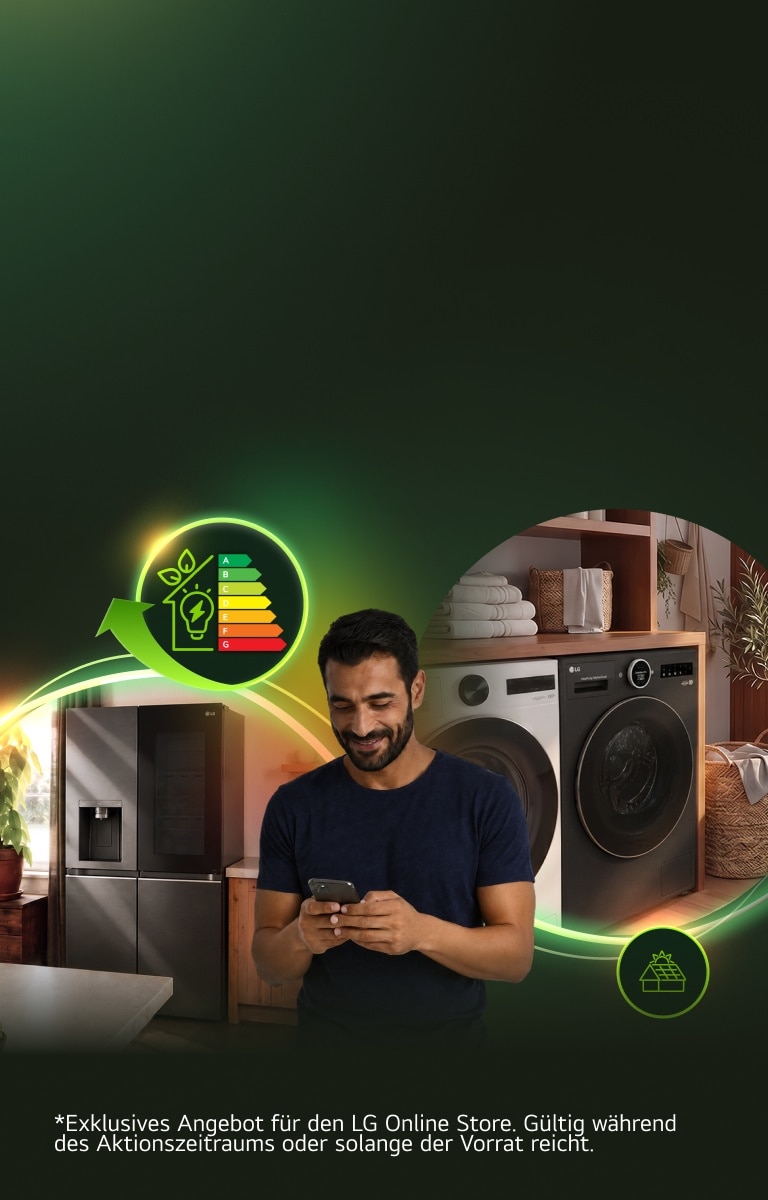 Mann mit Smartphone in einem modernen Waschraum mit LG Waschmaschine, Trockner und Kühlschrank, umgeben von Grafiken zur Energieeffizienz.