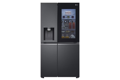 Schwarzer Smart-Kühlschrank mit Touchscreen-Display.
