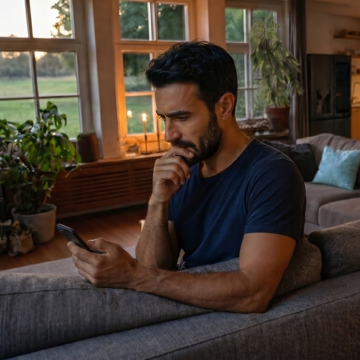 Mann sitzt auf einem Sofa und schaut auf ein Smartphone.