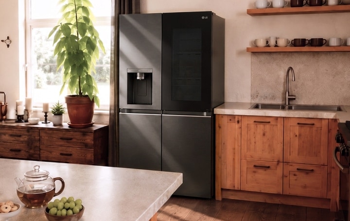 Ein schlanker, mattschwarzer LG-Kühlschrank in einer gut beleuchteten, rustikalen Küche mit Holzschränken.