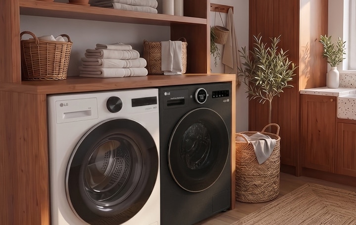 Eine weiße LG Frontlader-Waschmaschine und ein passender LG-Trockner, nebeneinander installiert in einem Holz-Hauswirtschaftsraum.