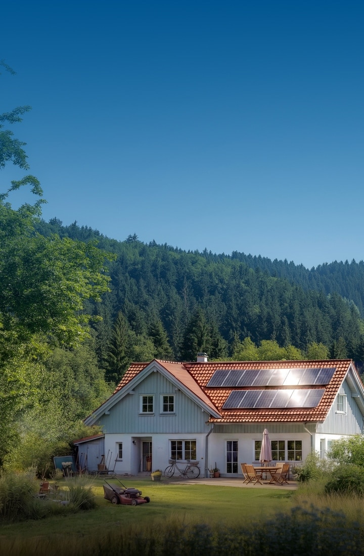 Ein weißes freistehendes Haus mit rotem Ziegeldach und Solarmodulen auf dem Dach steht in einem Grasgrundstück, umgeben von dichtem Wald.